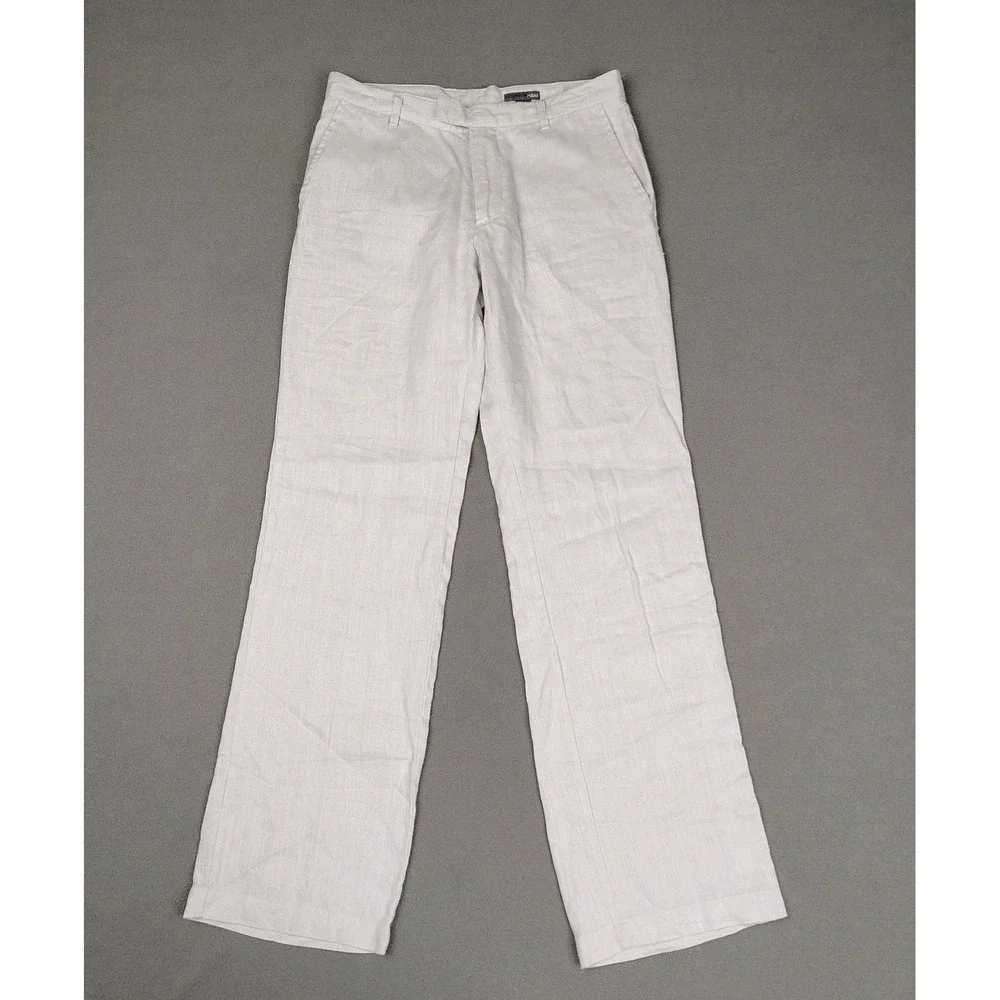 H&M 100% Linen Pants Women 8 Tall White Straight Button Casual Beach 30